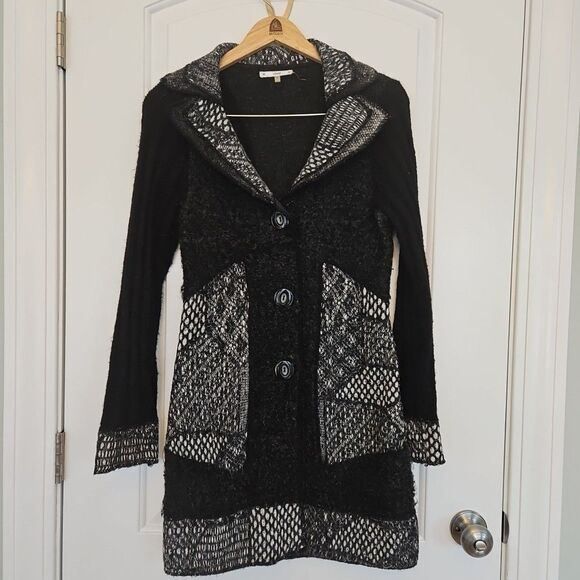 Sioni Wool Mohair Patchwork Cardigan SM‎ Black Grey $150 Artsy Lagenlook - Picture 1 of 10